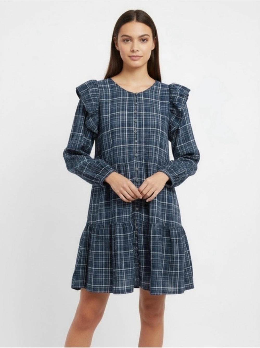 NEW Madewell Blue Plaid Drop Waist Dress Sz XXS Bin B